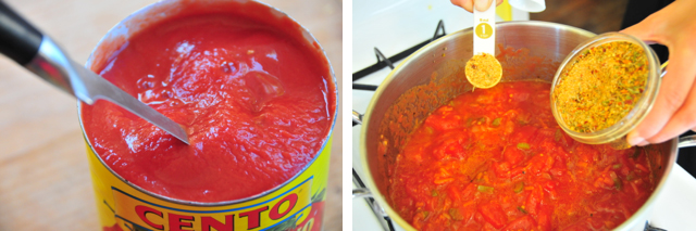 canned tomatoes mixed with chopped vegetables with all natural italian seasonings in a large pan