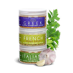Picture of Go Greek, French Made Easy and Italiano Pronto stacked on top of one another.  There is an image of garlic and celery on the right side of the picture