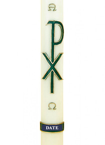 Px Green Cross with A & O in Cross (Suitable for 2 1/2" - 3" Candles)
CODE: WR01U
This design can be ordered with a 2 1/2" - 3"  diameter paschal candle.

Price:£29.95
