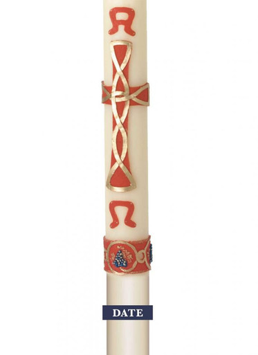 Alpha & Omega with Red Celtic Cross & Grapes (Suitable for 2 1/2" - 3" Candles) PLEASE NOTE DATES ARE EITHER SIDE OF CROSS NOT ON A DATE STRAP