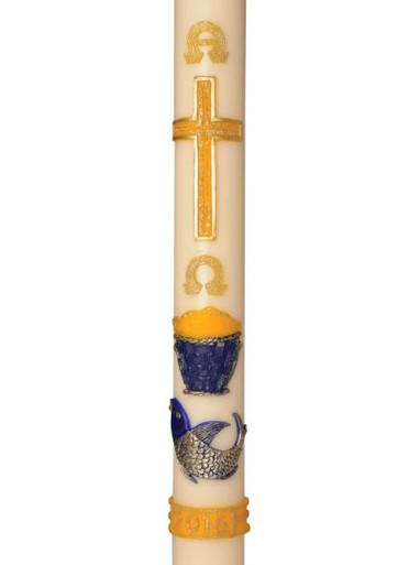 Alpha & Omega with Silver Fish (Suitable for 2 - 21/4" Candles)Candle to be 30" minimum
CODE: WR01J
This design can be ordered with a 2" - 2 1/4"  or above diameter paschal candle. Candle to be 30" minimum

Price:£39.96