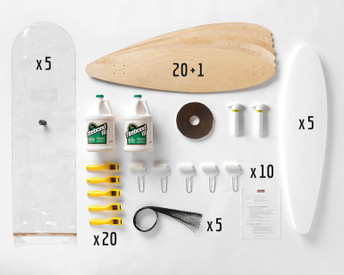This Multi-Pack provides enough material for a group of 2, 10, or 20 students to all build Pintail longboards.