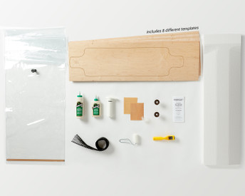 Kit contains everything you need to make 1 of 8 possible Multiboard skateboards: Canadian maple veneer sheets, mold for shaping, glue, roller, Thin Air Press and finishing tools