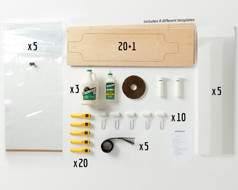 This Multi-Pack provides enough material for a group of 2, 10, or 20 students to all build Multiboard longboards using our patented classroom technology.