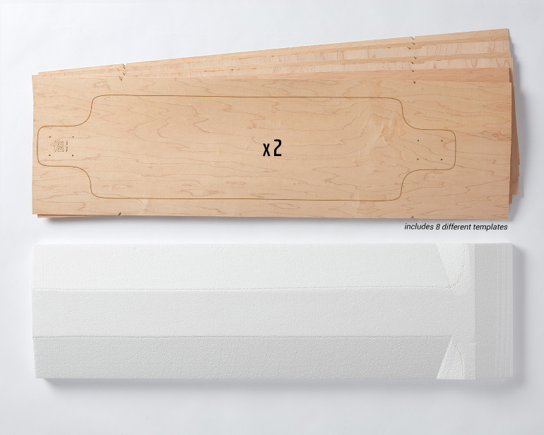 Includes two sets of Multiboard Longboard maple veneer 7-layer sets. Plus a matching 3-dimensionally shaped foam mold. Each veneer set allows you to make 1 of 8 possible board shapes.