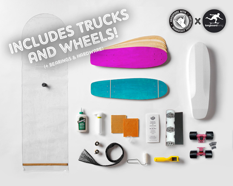 Roarockit's first ever complete teacher's kit featuring trucks and wheels from Longboard Living! This kit is designed for teachers as it includes a mini-curriculum plus everything everything you need to make 2 Lil'Rockit decks: 100% Canadian maple veneer sheets, mold for shaping, glue, roller, Thin Air Press, finishing tools, and grip tape, along with trucks, wheels, bearings, and hardware for one complete board. Add a second set for only $99.95! A great ice breaker activity for students that is engaging, fun, and can lead to a very responsive classroom.
