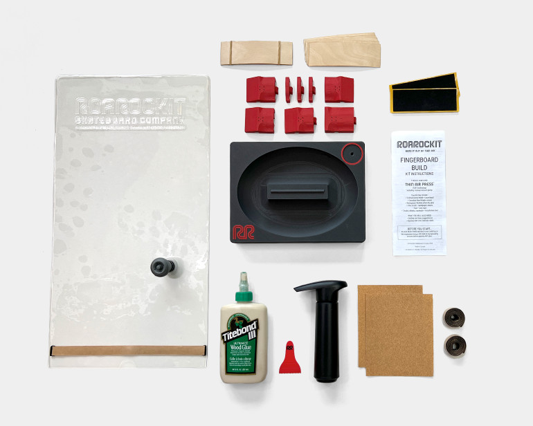 Kit contains everything you need to make your own custom Fingerboards: Canadian maple veneer sheets, Modular Pro Mold, glue, glue spreader, Thin Air Press and Launchpad, sandpaper, and grip tape.