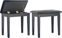 STAGG Highgloss black piano bench with black vinyl top and storage compartment