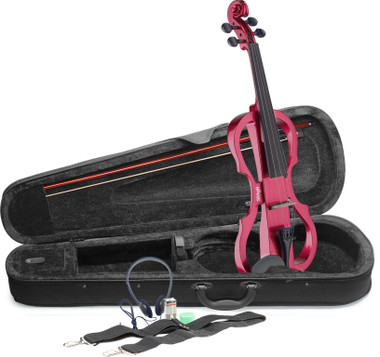 STAGG 4/4 electric violin set with metallic red electric violin, soft case and headphones