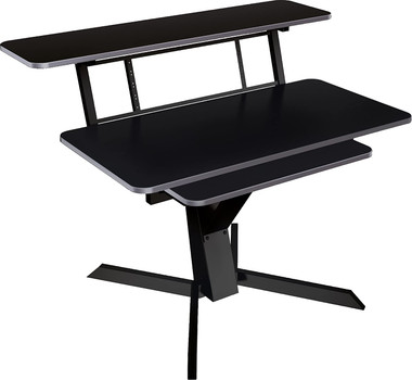 Quik Lok Triple Shelf Workstation with black wood tops and pull-out shelf and rack space