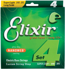 Elixir Electric Bass Strings 4-String Super Light 040 Long Scale NANOWEB Coated 14002