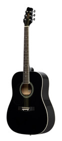 Black dreadnought acoustic guitar with basswood top, left-handed model