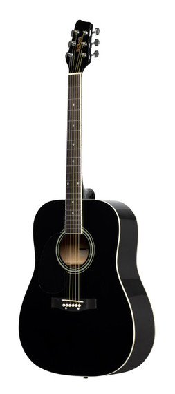 Black dreadnought acoustic guitar with basswood top, left-handed model