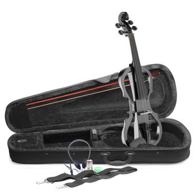 4/4 electric violin set with metallic black electric violin, soft case and headphones
