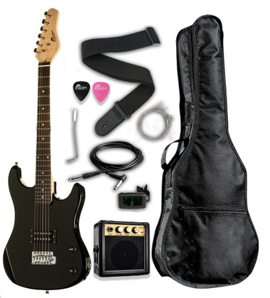 Black 3/4 size Raptor Junior Rock Pack INCLUDES: 3 Watt Amp, Gig Bag, Strap, Cable, Pick and Replacement String