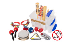 Children's percussion kit in transparent plastic box with sealable lid