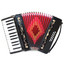 Full view of the Rossetti 2512-BK gloss black piano accordion from an alternate angle