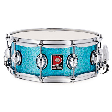 Premier Genista Classic 14 inch snare drum in Aqua Sparkle finish front view