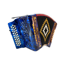 Rossetti 3112 blue diatonic button accordion front view showing three rows of treble buttons and grille