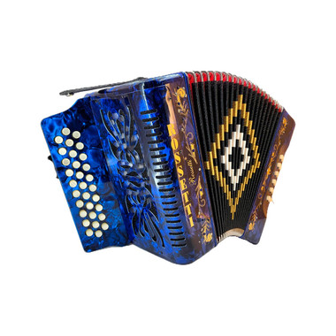 Rossetti 3112 blue diatonic button accordion front view showing three rows of treble buttons and grille