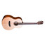 Detail view of the Crafter MINO KOA body edge with mahogany binding and armrest