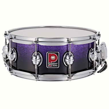 Premier Genista 14 x 5.5 inch maple snare drum in Purple Fade Sparkle finish