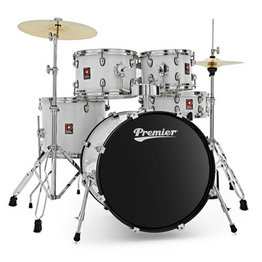 Premier PR20-5DKWHW Revolution Series five-piece drum kit in white with cymbals and stool set up
