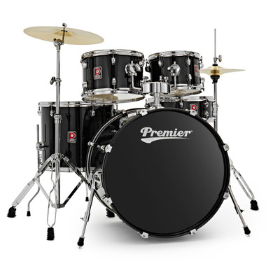 Premier Revolution Series 22 inch five-piece drum kit in black with cymbals and stands front view