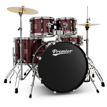 Premier PR22-5DKRSW Revolution Series five-piece drum kit in Red Sparkle with cymbals and hardware set up