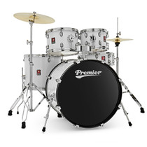 Premier Revolution Series 22 inch five-piece drum kit in white with cymbals and hardware set up front view