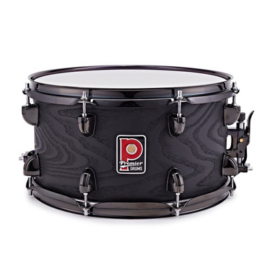 Premier Artist 13 x 7 birch snare drum in Stealth Black finish front hero view