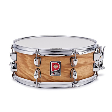 Premier Artist 14 x 5.5 birch snare drum in Antique Ash finish seen from the front