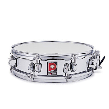 Premier Artist 14 x 4 chrome-plated steel snare drum hero view showing full shell