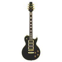 Aria Pro II PE350PF Aged Black electric guitar on display stand