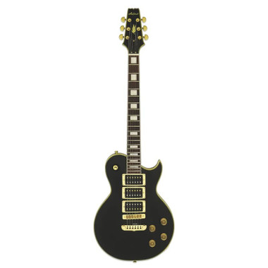 Aria Pro II PE350PF Aged Black electric guitar on display stand