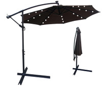 10 ft Outdoor Patio Umbrella, Solar Powered LED Lighted Sun Shade with Crank and Cross Base, Chocolate Shade, Black Pole