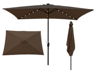 10 x 6.5ft Rectangular Patio Umbrella, Solar LED Lights, Waterproof with Crank and Push Button Tilt, Chocolate Shade, Black Pole