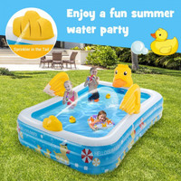 Inflatable Swimming Pool Duck Themed Kiddie Pool with Sprinkler for Age Over 3