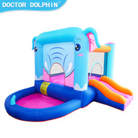 Elephant Inflatable Castle, Blue, Bounce House w/ Slide Ball Pool and 350W Air Blower
