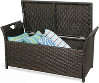 Wicker Storage Bench, Outdoor Rattan Deck Storage Box with Cushion