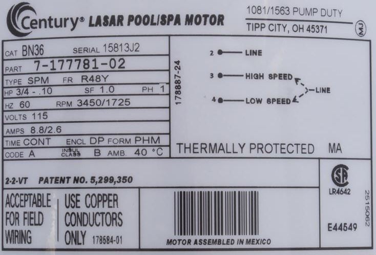 century spa pump label motor