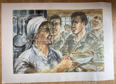 oo191 - original large DDR Grenztruppen poster print - Streifenführer in canteen with watch tower in background