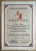 od019 - c1957 dated NAW Berlin Nationales Aufbauwerk award certificate for the honour badge for 100hrs worked