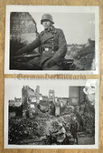 aa589 - 2 photos - Luftwaffe motorbike with Stahlhelm - destroyed buildings