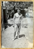 aa811 - c1950s BePo or VP Volkspolizei field camp with flag and dude in swim trunks