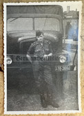 aa812 - c1950s BePo or VP Volkspolizei soldier with truck and old number plate