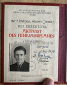 ab278 - c1959 award certificate booklet for the Aktivist of the 5 Years Plan medal to a man from Gorgast