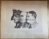 ab582 - original c1940s artist print - portrait of Adolf Hitler with Bismarck & Friedrich II - large size