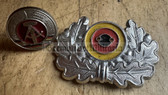 om052 - c1950's two piece East German Post Office and Volunteer Firefighters Visor Hat insignia - visor cap badge - transitional change in 1961