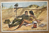 jm054 - c1945 French or Belgian postcard - US soldier on beach with girl